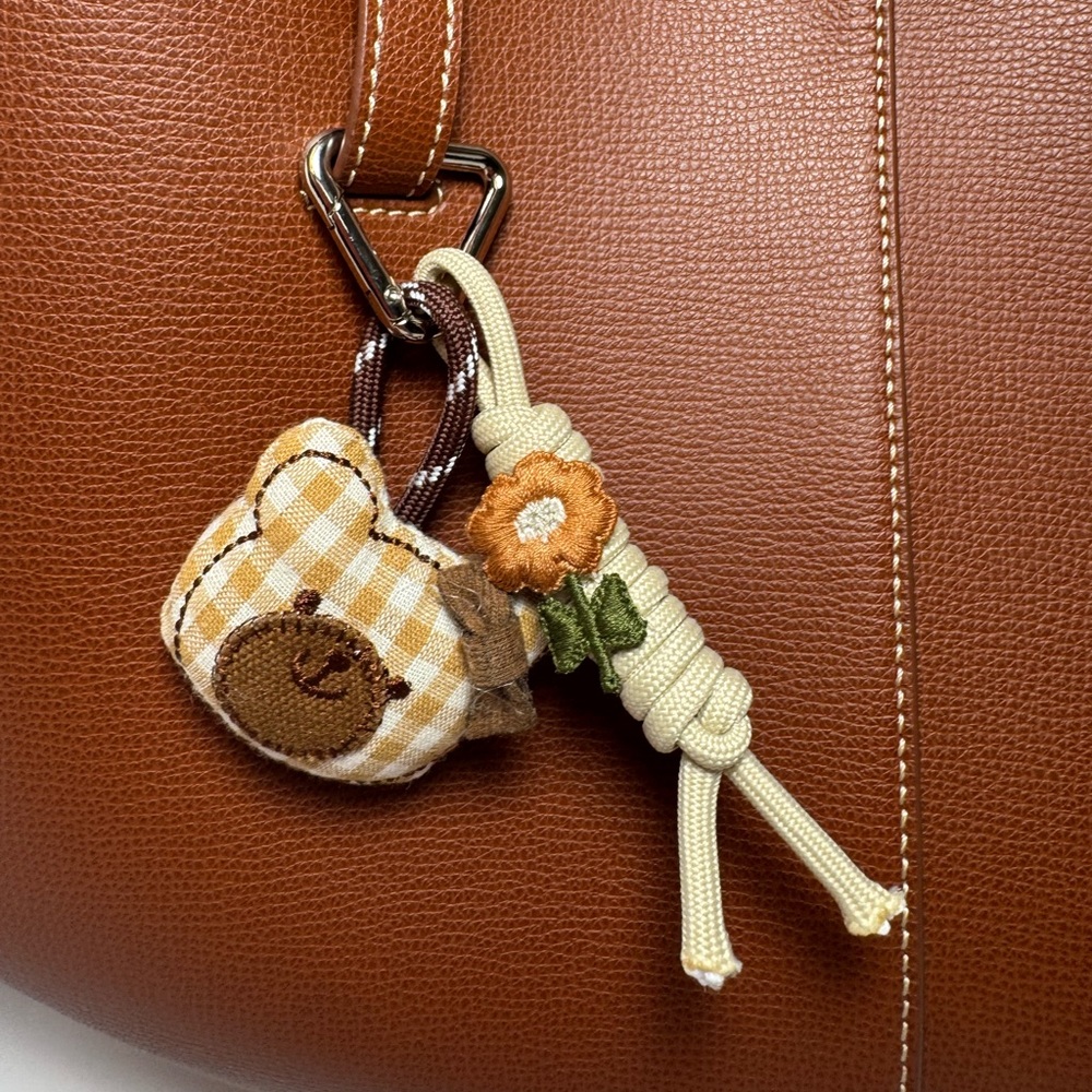 Plaid Bear & Flower Rope Bag Charm | Cottagecore Beige Gingham Keychain - Picture 3 of 5